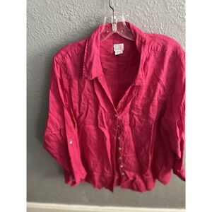 Women Sigrid Olsen Hot Pink Linen Blouse Shirt Size 2X Roll Tab